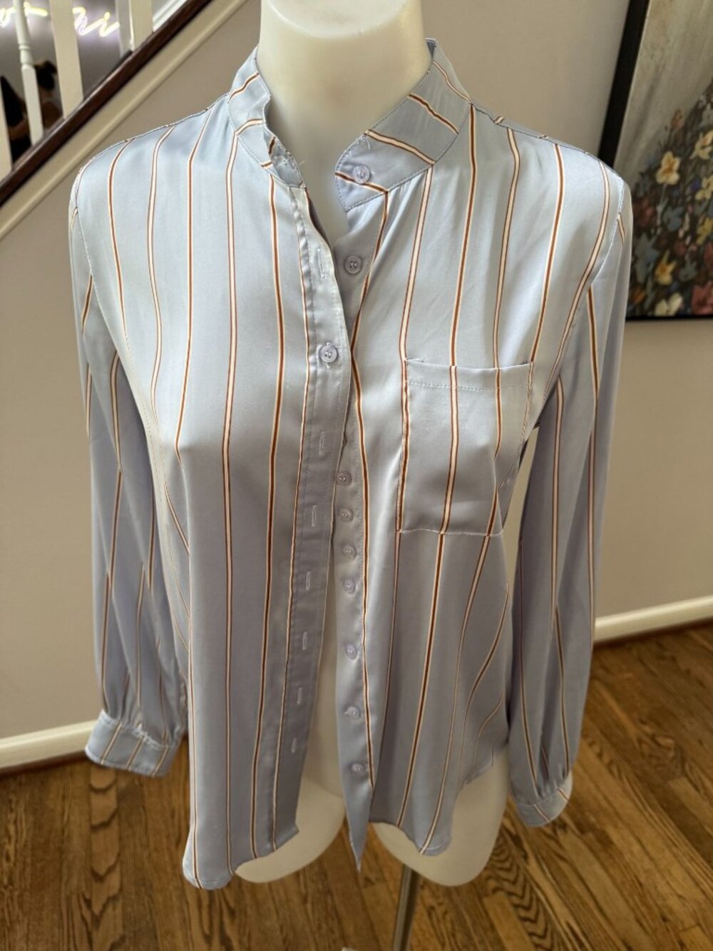The Shirt by Rochelle Behrens Striped Satin Button Up Shirt Blouse Blue XS